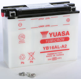 Yuasa YB16AL-A2 conventional 12V motorcycle battery with positive and negative terminals visible