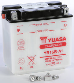 Yuasa YB16B-A1 conventional car battery with positive and negative terminals, black casing, and label showing model number.