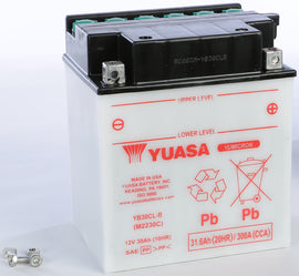 Yuasa YB30CL-B conventional car battery with positive and negative terminals visible on top.