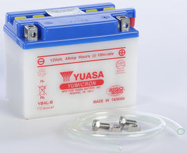 Yuasa YB4L-B conventional motorcycle battery with positive and negative terminals, black casing, and size specifications.
