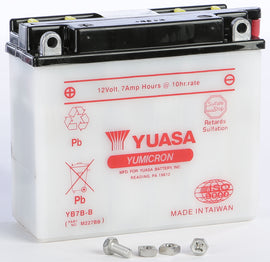 Yuasa Yb7b-B conventional automotive battery with black casing and positive/negative terminals, designed for car use