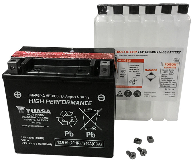 Yuasa YTX14H-BS maintenance-free motorcycle battery with positive and negative terminals visible
