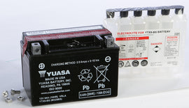 Yuasa YTX9-BS maintenance-free motorcycle battery with durable case and positive and negative terminals visible.