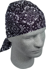 Black paisley Flydanna headgear by ZAN featuring a classic bandana style with intricate paisley patterns.