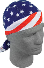Load image into Gallery viewer, ZAN Flydanna Stars &amp; Stripes headgear with patriotic star and stripe pattern, lightweight fabric, casual style.
