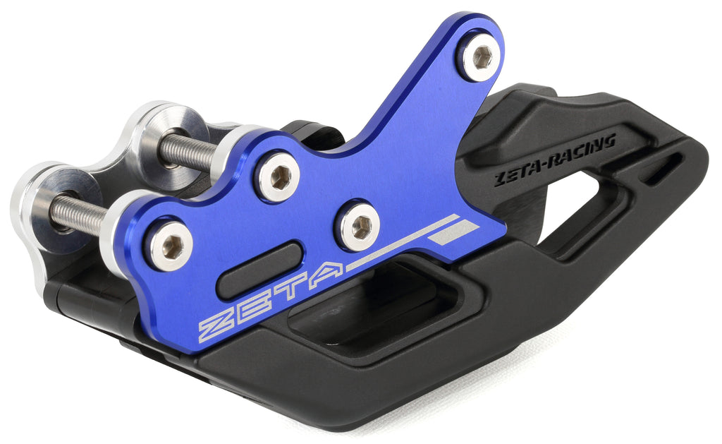 ZETA 3D Chain Guide Blue Yam for drive systems, showcasing the blue plastic and mounting points of the ZETA chain guide.