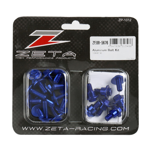 Blue ZETA aluminum bolt kit for off-road motorcycles, includes durable fasteners for secure assembly and maintenance.