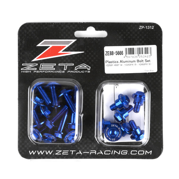 ZETA Blue Aluminum Bolt Kit for off-road vehicles with blue anodized bolts and hardware components.