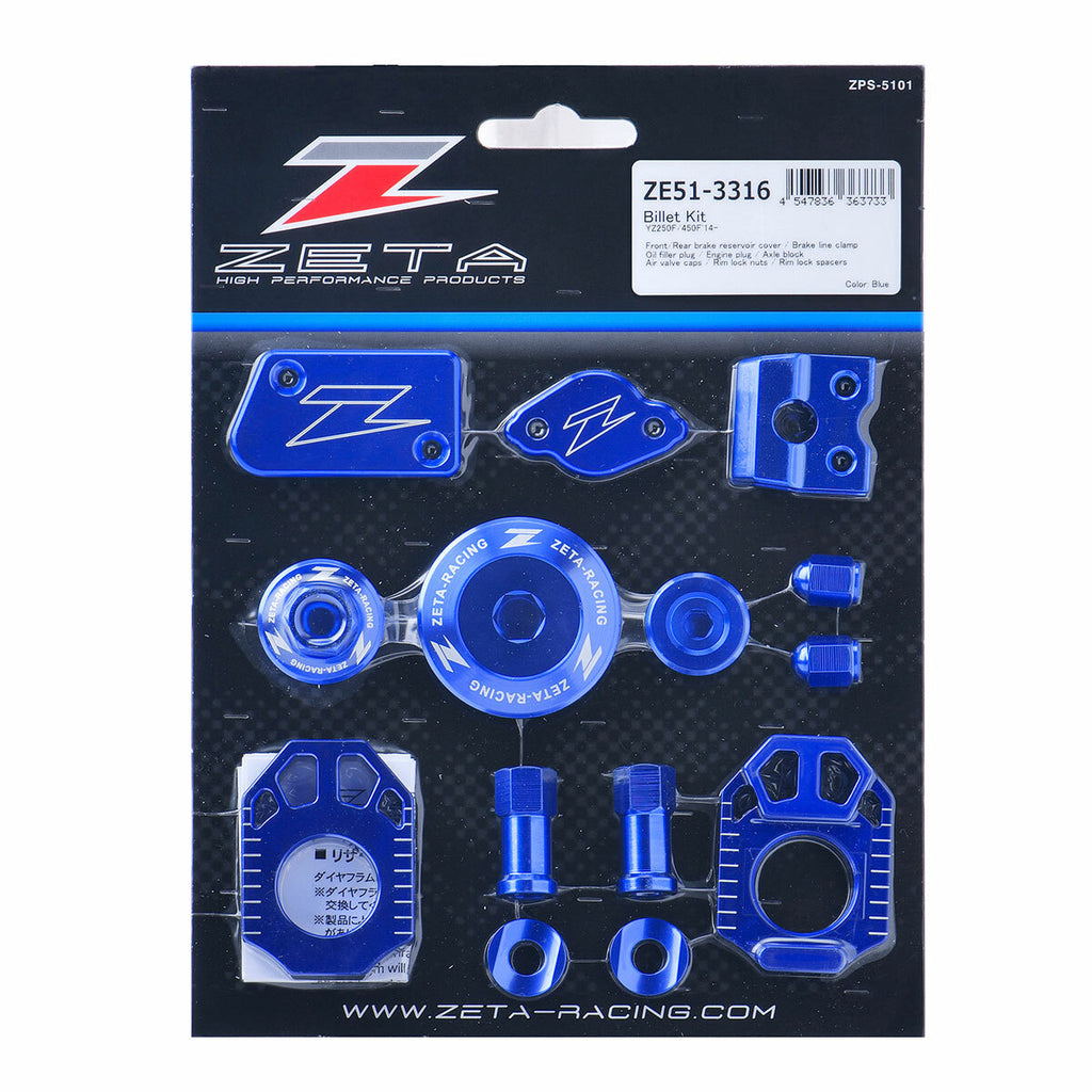 Blue ZETA Billet Kit for Yamaha off-road motorcycles, featuring durable, precision-machined components for enhanced performance.