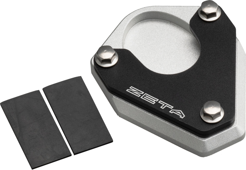 ZETA black and silver street side stand extender for Kawasaki motorcycle, model 634-9705, showing the extender attached to the side stand