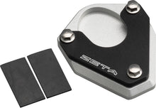 Load image into Gallery viewer, ZETA black and silver street side stand extender for Kawasaki motorcycle, model 634-9705, showing the extender attached to the side stand