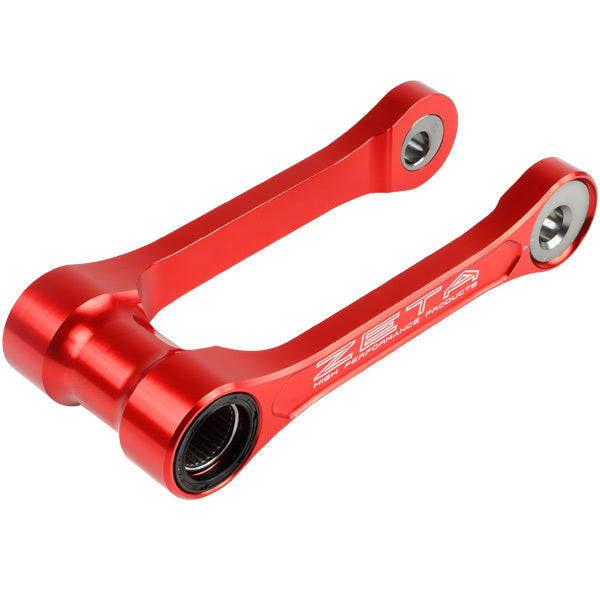ZETA adjustable lowering link for suspension in red, designed for motorcycle suspension modification.
