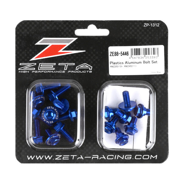 ZETA Aluminum Bolt Kit in blue, includes multiple bolts and fasteners, suitable for motorcycle or bike upgrades.