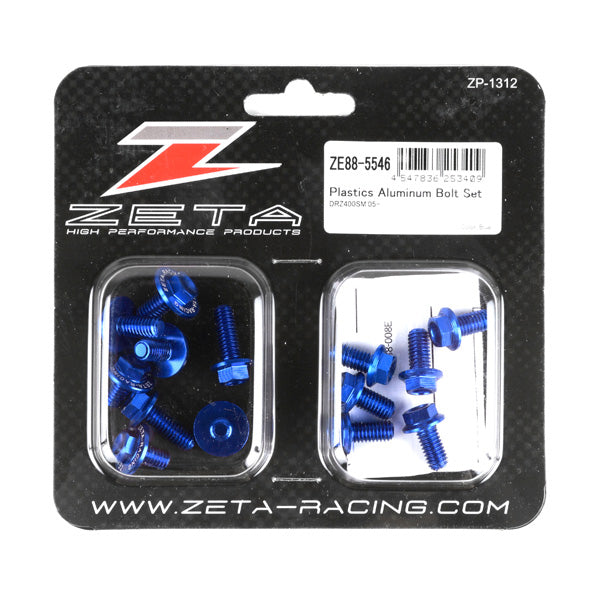 Blue ZETA Aluminum Bolt Kit with multiple bolts and nuts, designed for durable motorcycle or bike assembly.