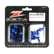 Load image into Gallery viewer, Blue ZETA Aluminum Bolt Kit with multiple bolts and nuts, designed for durable motorcycle or bike assembly.
