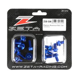Blue ZETA Aluminum Bolt Kit with multiple bolts and nuts, designed for durable motorcycle or bike assembly.