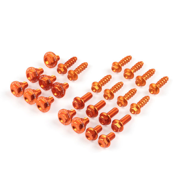 ZETA orange aluminum bolt kit with multiple bolts and fasteners, suitable for motorcycle or bike repairs.