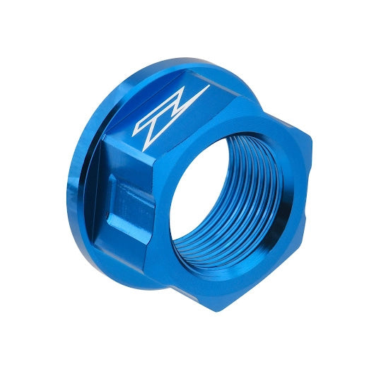Blue ZETA axle nut M22x30-P1.5 H18 with detailed threading and markings, designed for bike or motorcycle wheel hub applications.