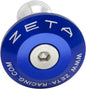 Blue ZETA 35mm bar end plug, lightweight motorcycle handlebar accessory, featuring durable rubber and metal construction.