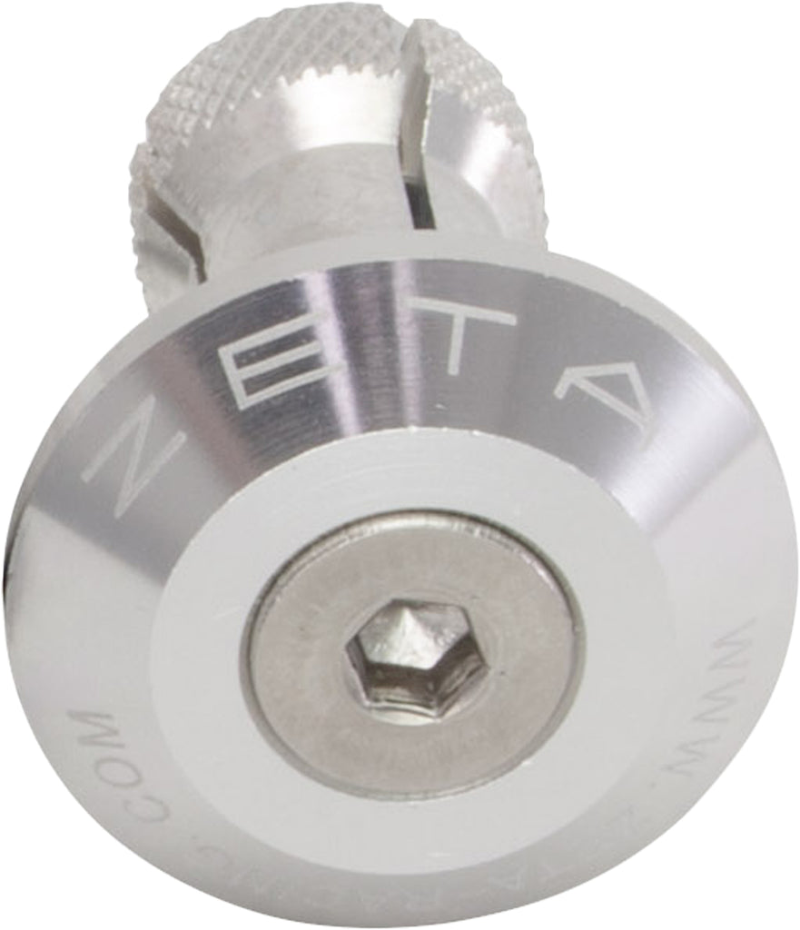 Silver ZETA Bar End Plug for motorcycle handlebars, designed for durability and a sleek finish.