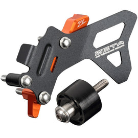 ZETA Case Saver Kit for KTM 250/350F motorcycle, black plastic guard installed on KTM dirt bike for protection.