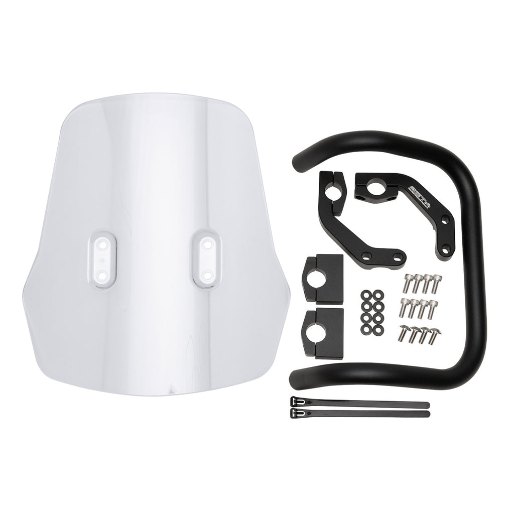 ZETA Adventure Windscreen for Honda motorcycles, clear windshield with mounting brackets, designed for off-road riding.