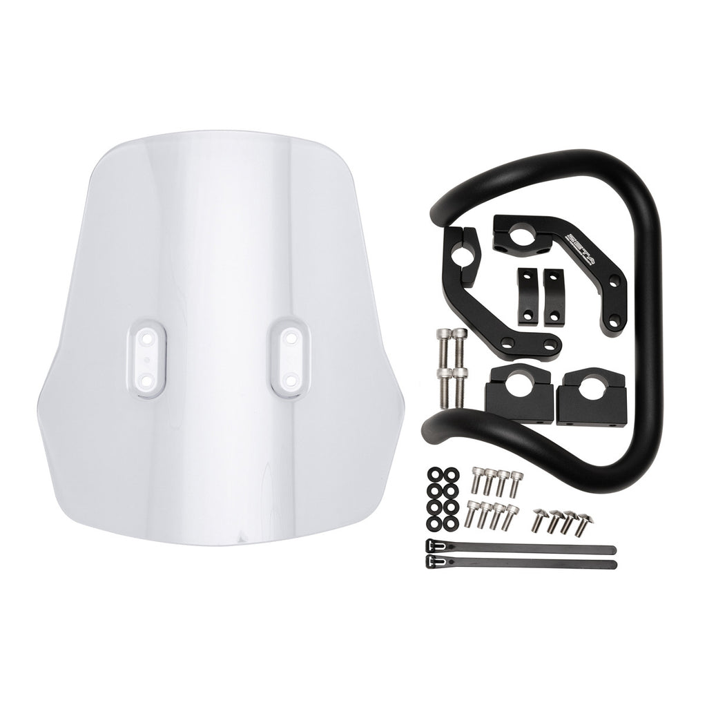 ZETA Adventure Windscreen for Kawasaki motorcycle, clear windshield with mounting brackets, designed for durability and wind protection